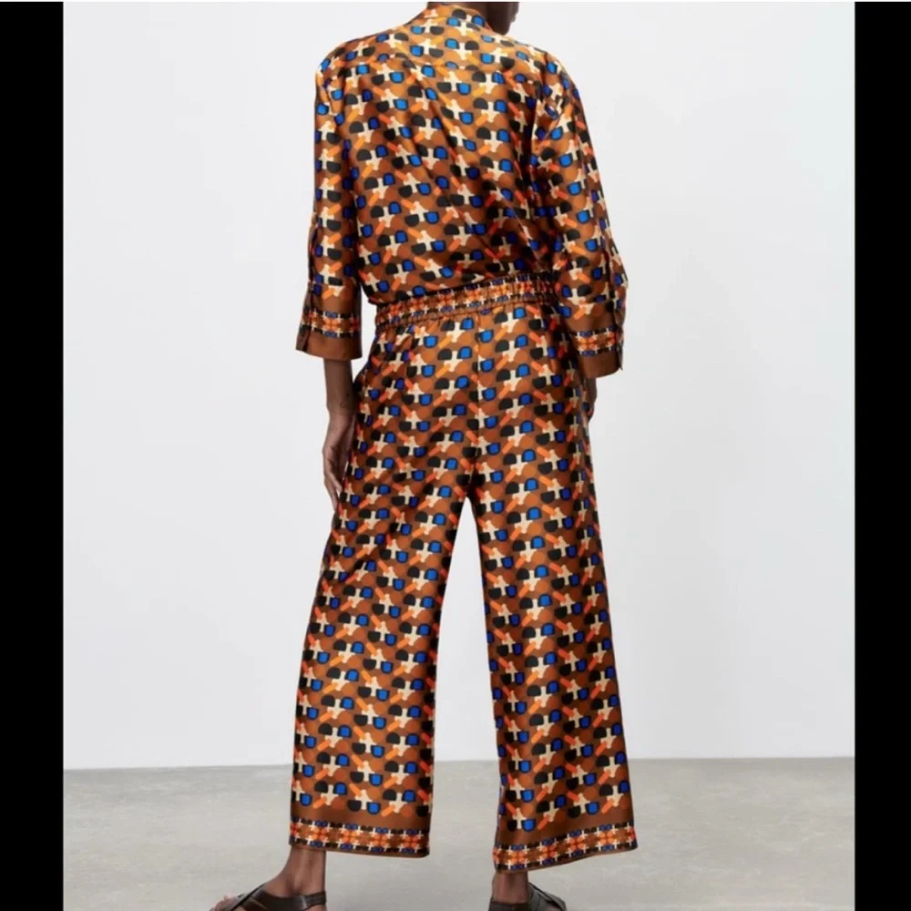 Zara Brown/Orange Geometric Wide Leg Pants Size Medium - Picture 2 of 13